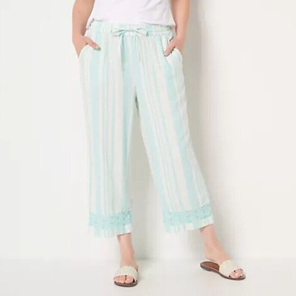 Denim & Co Naturals Linen Blend Crop Pants 2XP Summer Aqua White Eyelet Border - Picture 1 of 5